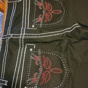 Elegant Black Jeans with Red Embroidery